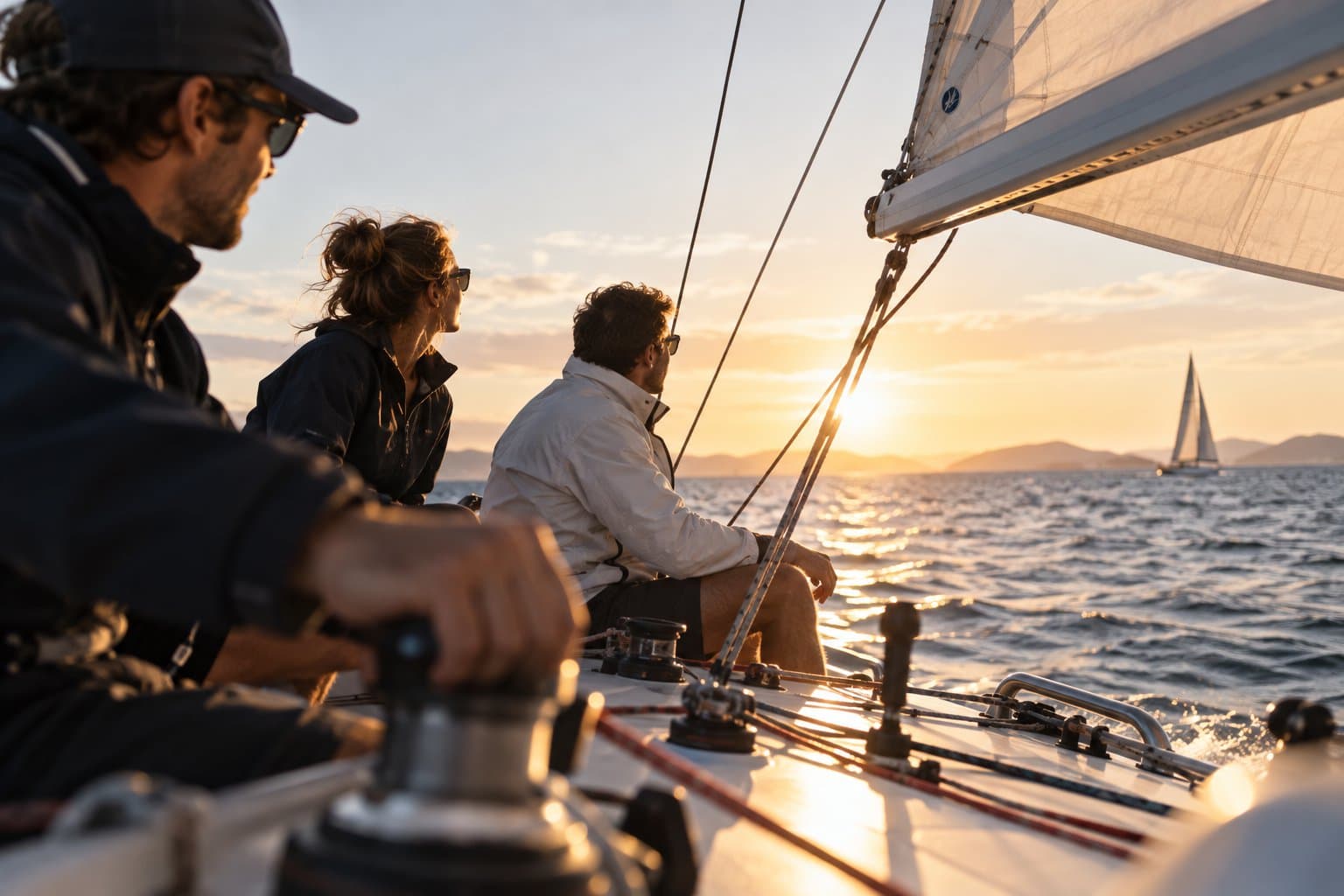 Tripulación navegando al atardecer